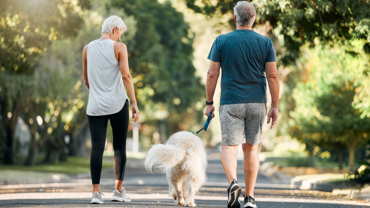 Mujer y hombre paseando un perro.